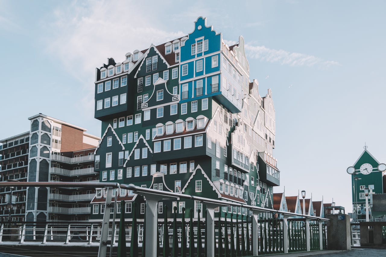 Explore the iconic Inntel Hotel Zaandam with its stunning stacked house design in the Netherlands.